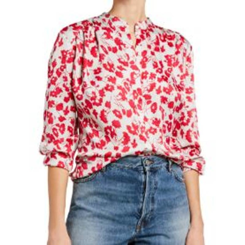 NWT Equipment Nerine Floral Long-Sleeve Button-Down Top Sky Gray Satin Blouse